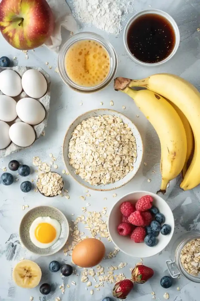 Gluten-free oat pancakes with fresh berries and syrup.