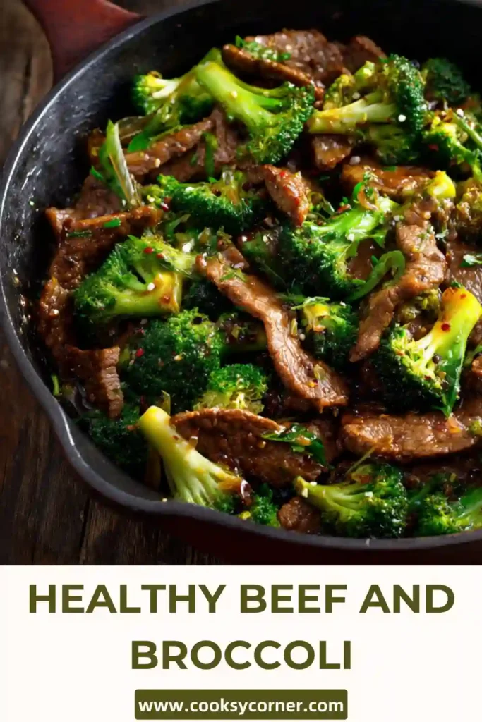Healthy beef and broccoli stir fry with tender beef and bright green broccoli.