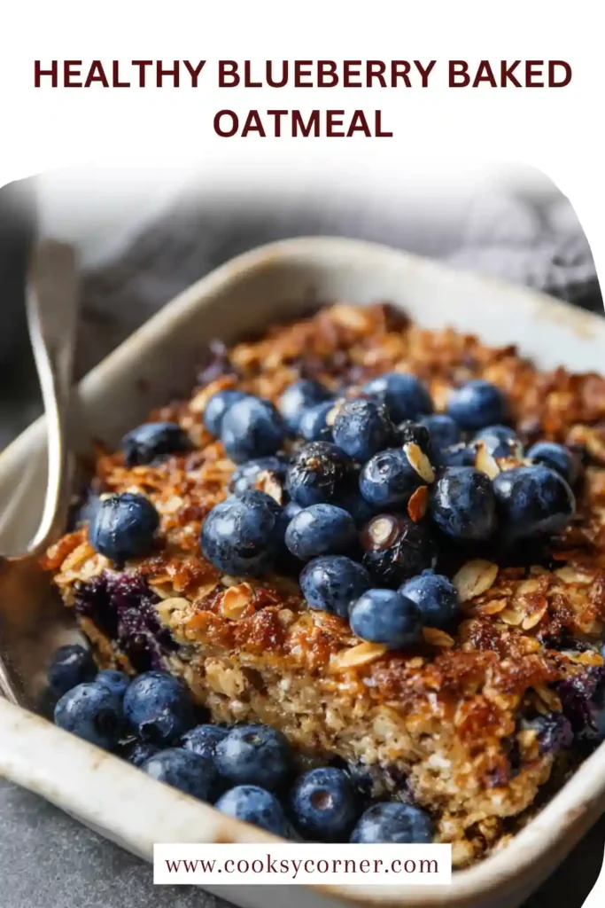 Healthy baked oatmeal with blueberries and nuts in a square baking dish, perfect breakfast meal prep.