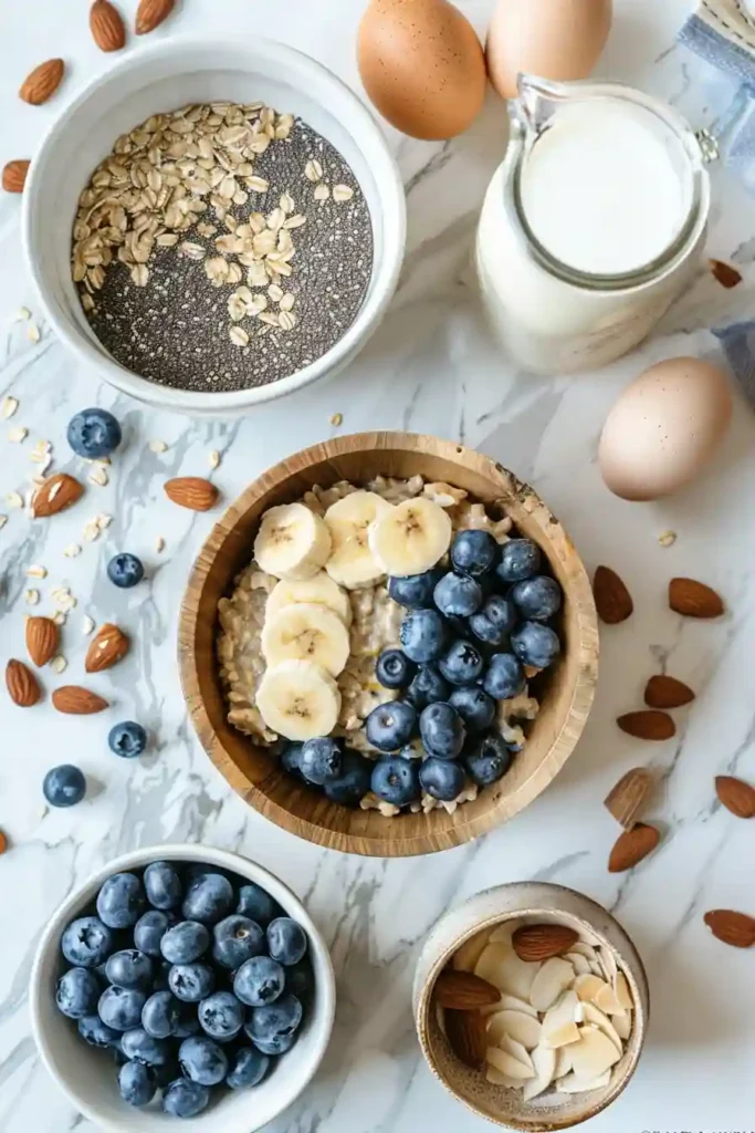 Slice of blueberry oatmeal bake served with yogurt and maple syrup on top.