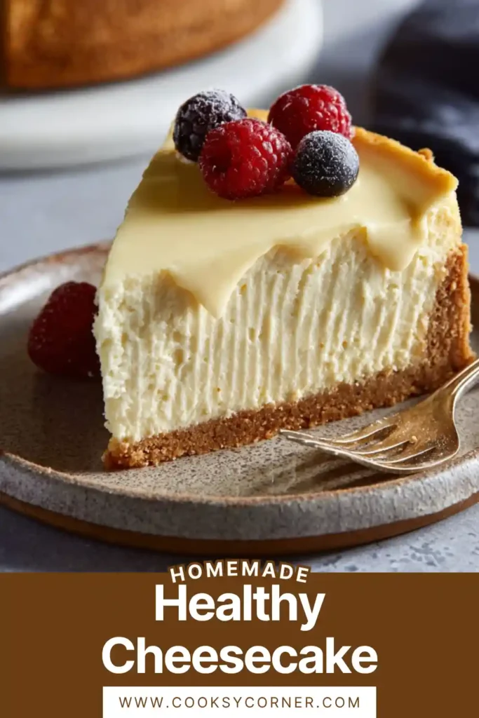 A creamy healthy cheesecake made with Greek yogurt and a sugar free crust, sliced and served on a plate with fresh berries.
