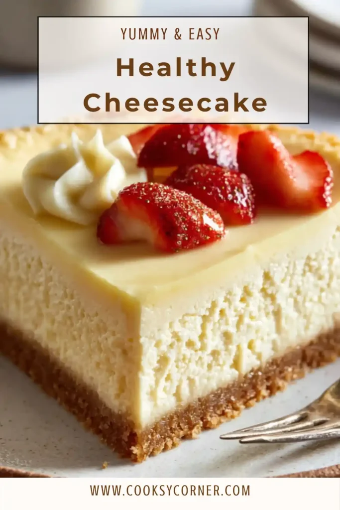 Low calorie cheesecake with smooth texture and golden crust, perfect healthy dessert option.