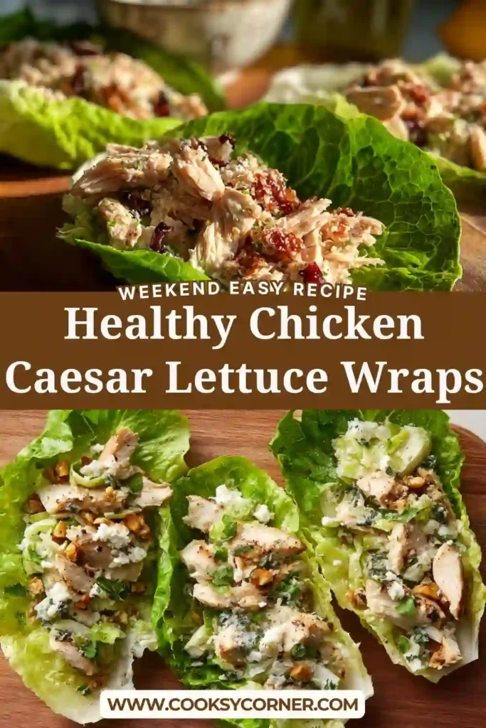 Close-up of chicken Caesar lettuce wraps filled with shredded chicken, crunchy toppings, and creamy Caesar dressing. A healthy and gluten-free lunch idea.