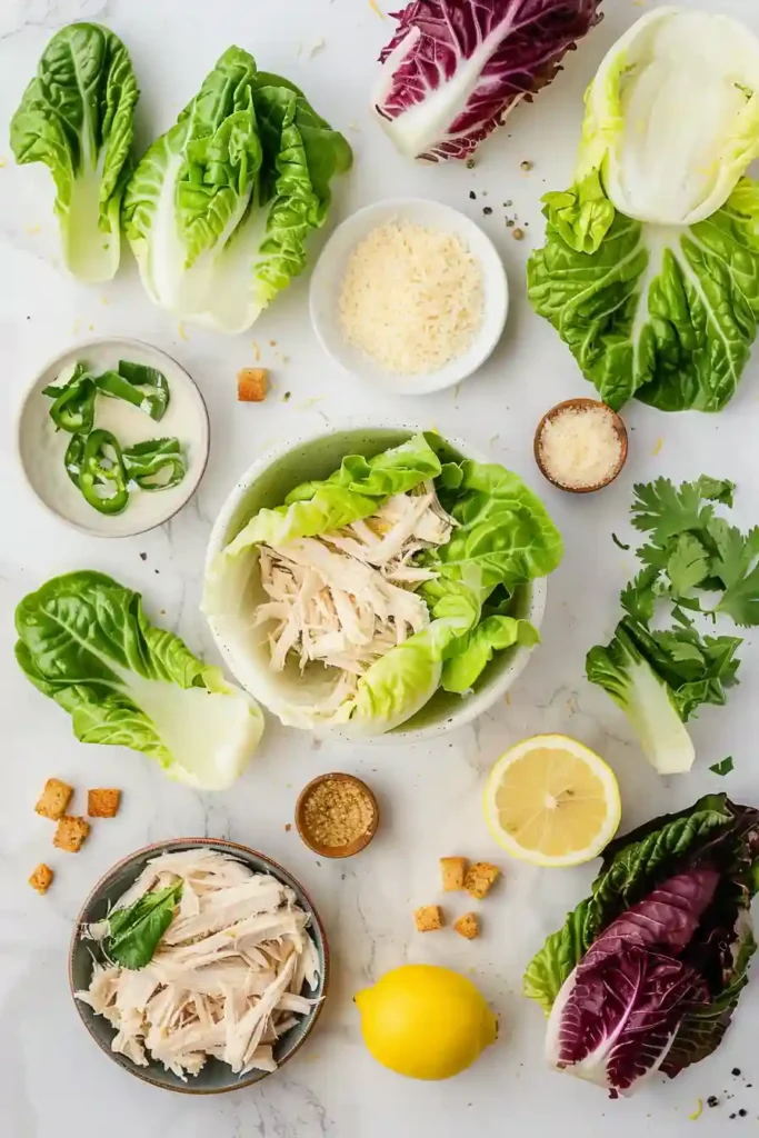 A plate of Healthy Chicken Caesar Lettuce Wraps made with romaine leaves and seasoned chicken. Light, flavorful, and perfect for quick meals.