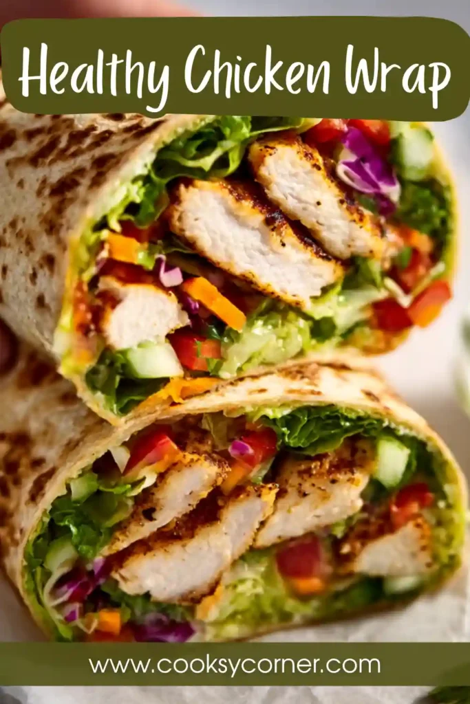 A healthy chicken wrap filled with grilled chicken, fresh vegetables, and creamy yogurt sauce wrapped in a whole wheat tortilla.