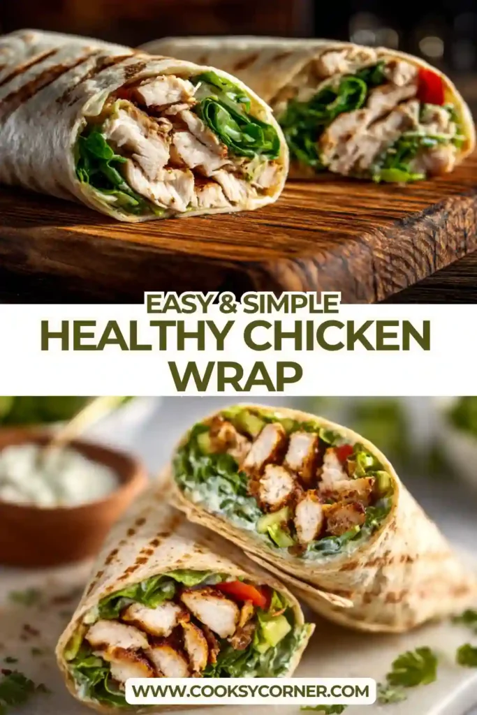 Close-up of a sliced healthy chicken wrap showing layers of chicken, lettuce, avocado, and colorful vegetables.