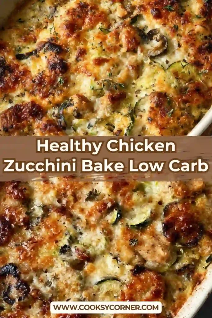A golden baked chicken zucchini casserole topped with melted cheese and herbs, showing a rich low carb dinner option fresh from the oven.