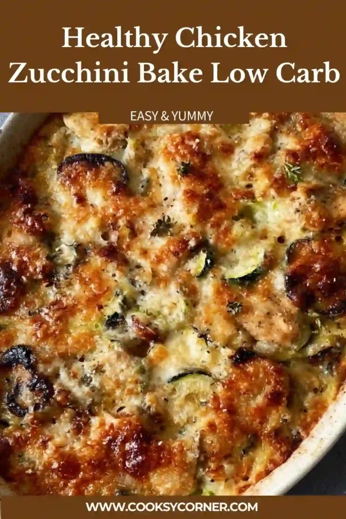 Freshly baked low carb chicken zucchini casserole in a dish, with golden cheese crust and visible vegetables.