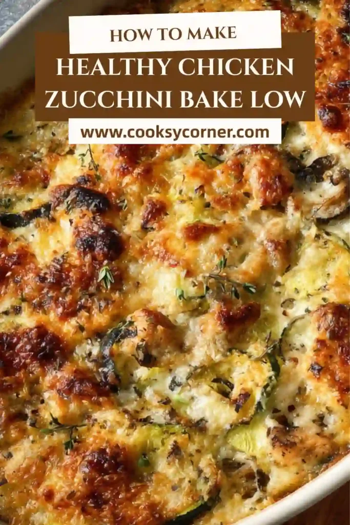 Close-up of Chicken Zucchini Bake Low Carb with juicy chicken pieces, zucchini slices, and bubbling cheese topping.