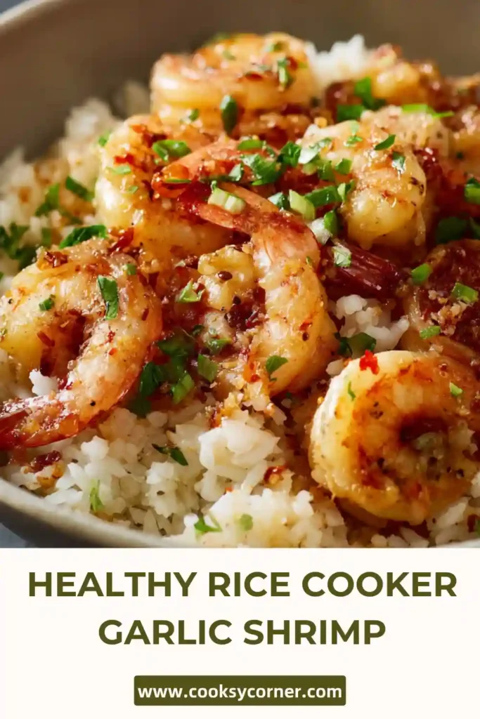 Healthy shrimp and rice recipe plated beautifully with colorful vegetables and fresh parsley.