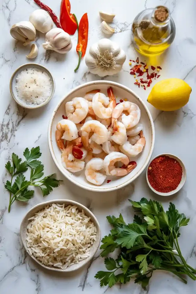 One pot rice cooker garlic shrimp dish showing perfectly cooked shrimp and aromatic rice.