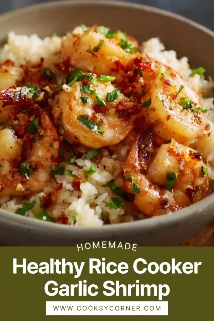 Close-up of garlic shrimp served over seasoned rice cooked in a rice cooker, topped with herbs and lemon slices.