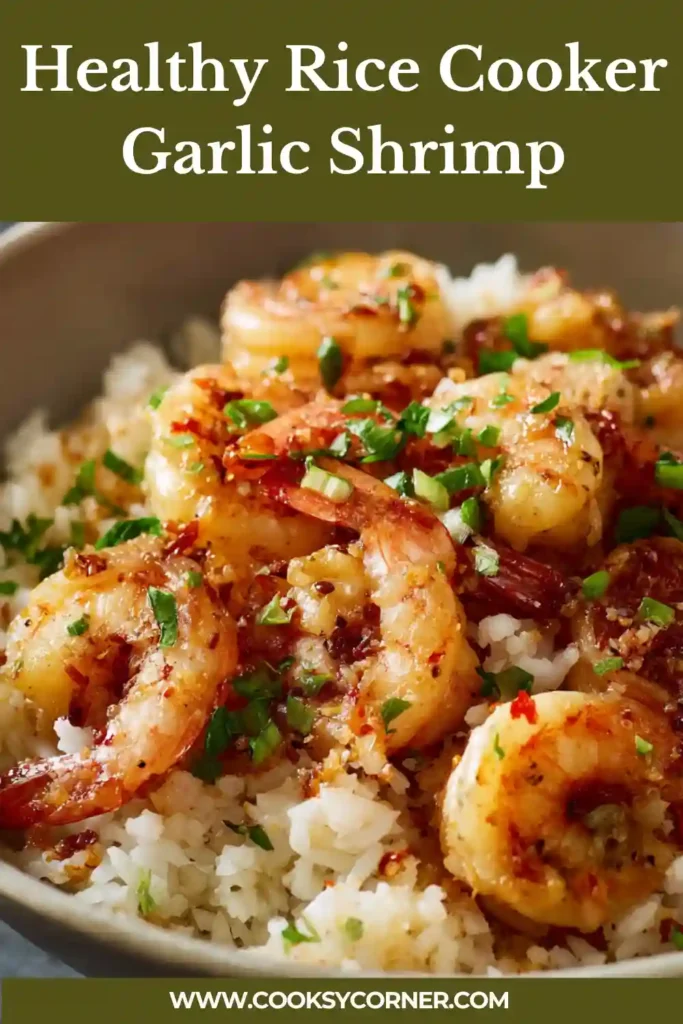 A bowl of healthy rice cooker garlic shrimp with fluffy rice, juicy shrimp, and fresh parsley garnish. The dish looks vibrant and freshly prepared.