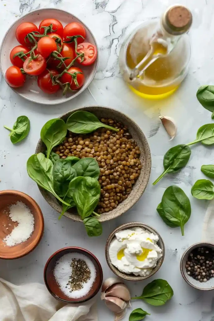 One-pan lentil recipe with herbs, vegetables, and cheese in a rustic skillet.