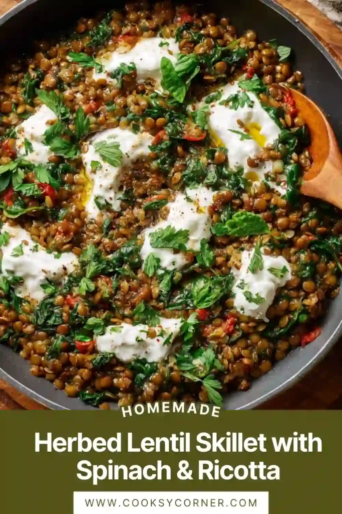 Healthy lentil dish with fresh greens and creamy ricotta topping in a skillet.