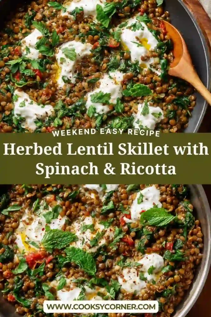 Herbed lentil skillet with spinach, tomatoes, and ricotta cheese served in a pan.