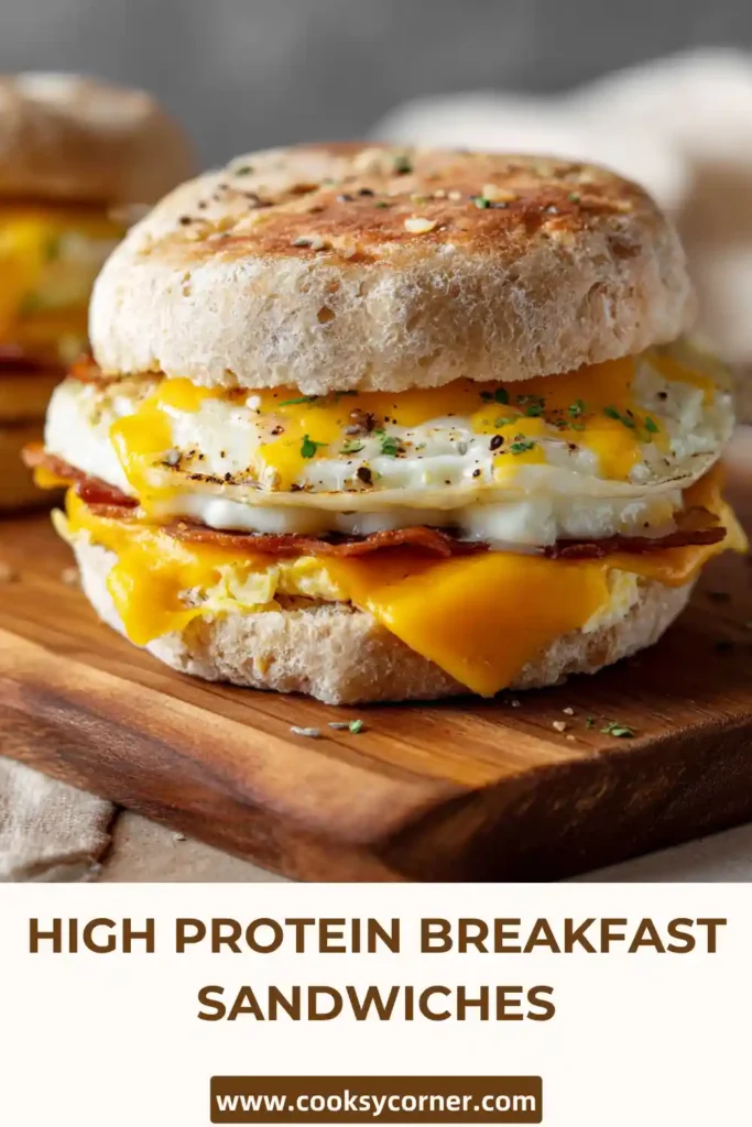 Homemade high protein breakfast sandwich stacked with egg and sausage on whole grain muffin.