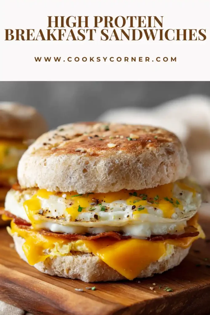 Close-up of breakfast sandwich with melted cheddar, egg, and sausage. Protein-packed meal.