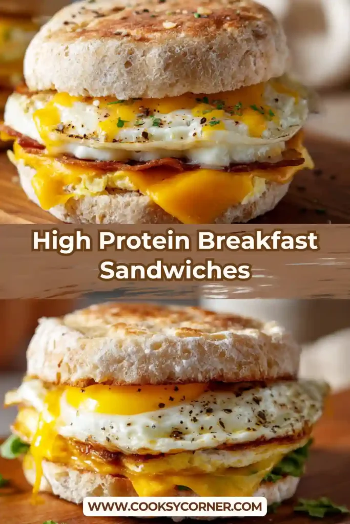 High Protein Breakfast Sandwiches with eggs, turkey sausage, and cheese on English muffins. Healthy and filling breakfast.