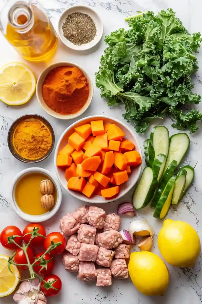 High protein turkey bowl arranged with vibrant vegetables and a drizzle of peanut sauce for a healthy lunch.