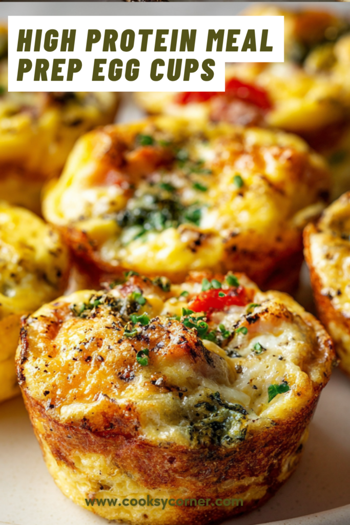 Freshly baked egg cups arranged on a plate, topped with herbs and melted cheese, perfect for breakfast meal prep.