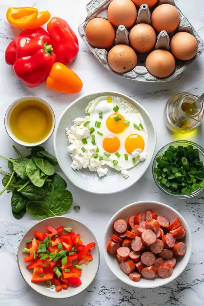 Overhead view of high-protein egg cups in a tray, packed with colorful vegetables and protein-rich ingredients.