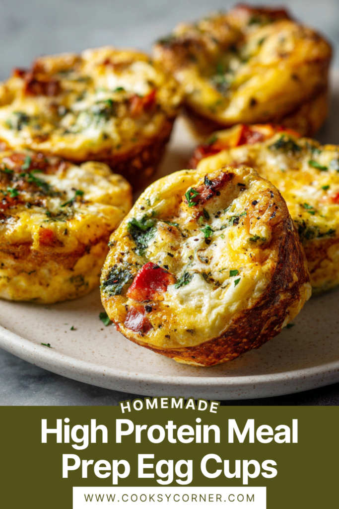 High-Protein Meal Prep Egg Cups baked in a muffin tin with spinach, bell peppers, and melted cheese on top. They look fluffy and golden.
