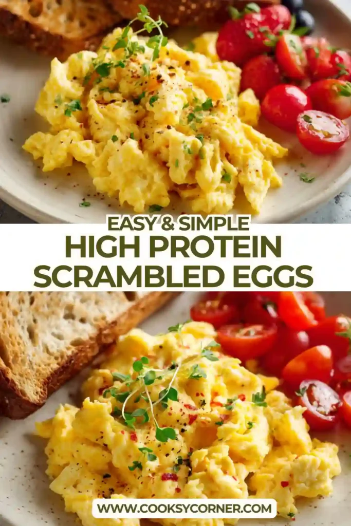 Soft scrambled eggs mixed with cottage cheese showing creamy texture.