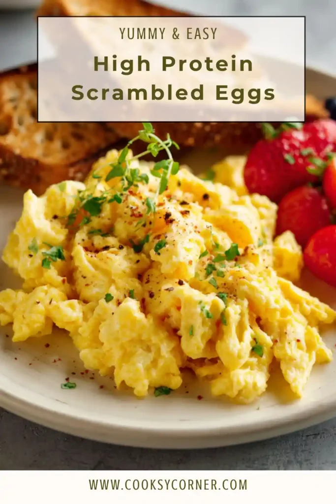 High protein scrambled eggs with cottage cheese served fluffy and creamy on a plate.