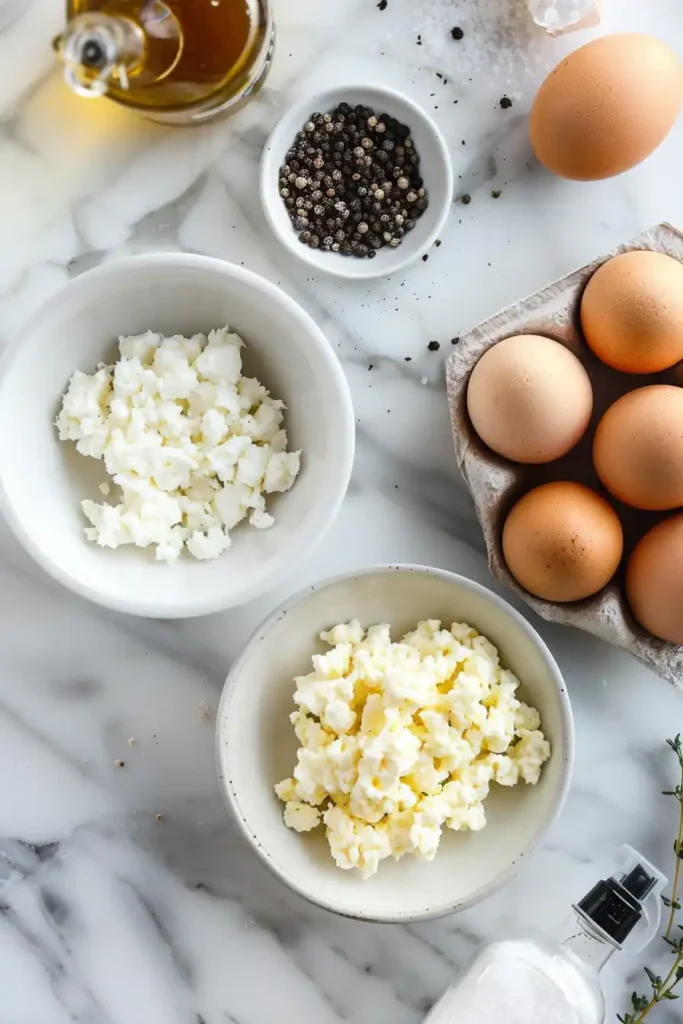 Soft scrambled eggs mixed with cottage cheese showing creamy texture.