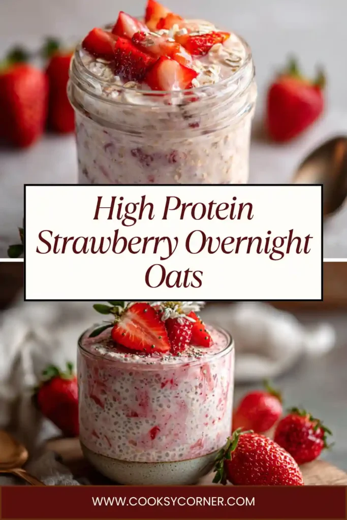 Healthy overnight oats with strawberries and protein powder in a glass jar.