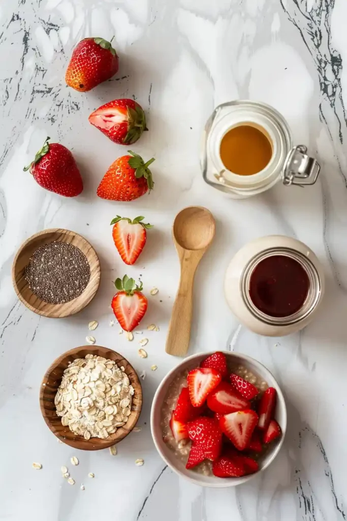Creamy strawberry oats breakfast topped with chopped strawberries and seeds.