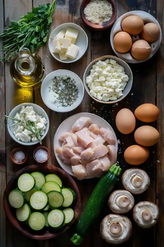 Serving of cheesy chicken zucchini bake on a plate with mushrooms and herbs, perfect for keto meals.