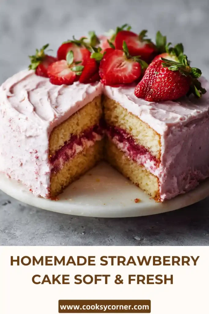 Fresh strawberry cake with smooth frosting and natural berry color.