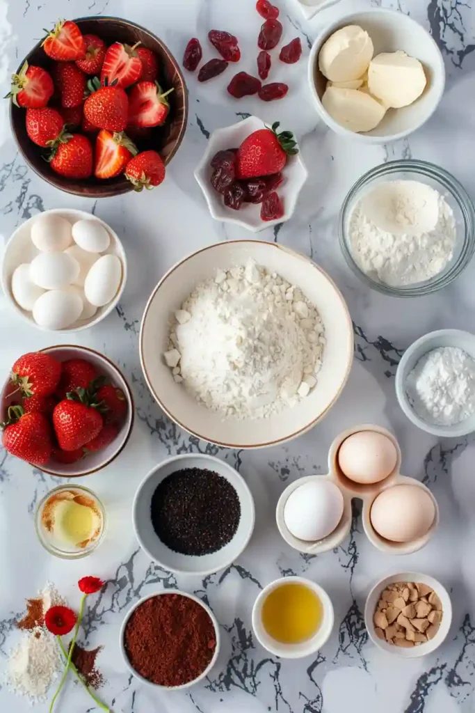 Layered strawberry cake decorated with strawberries and creamy frosting.