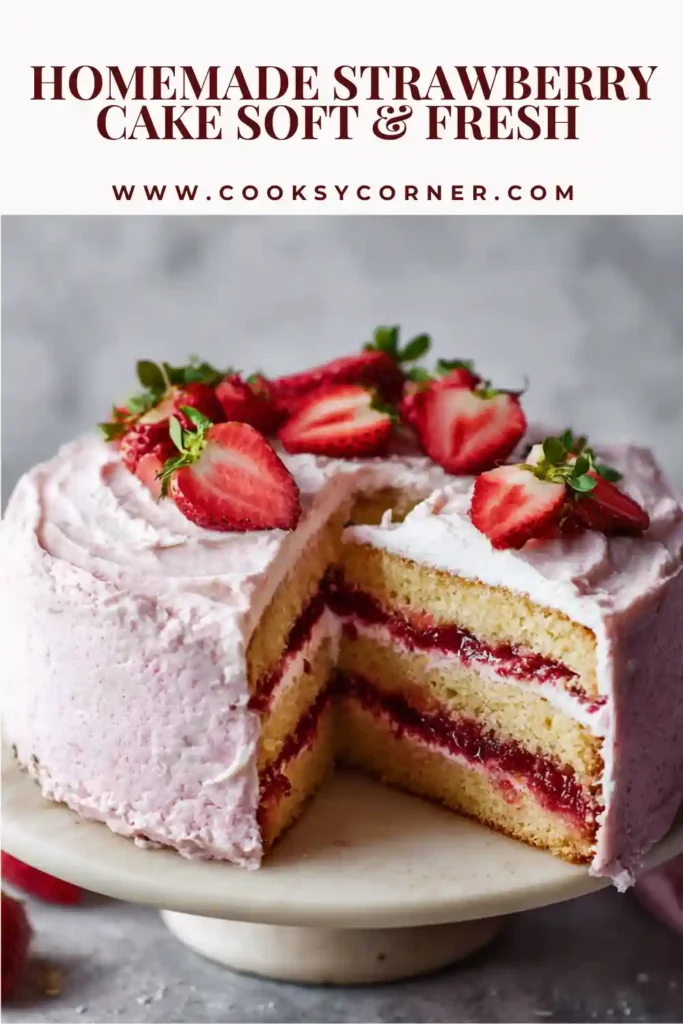 Slice of strawberry cake showing soft pink crumb and creamy frosting layers.