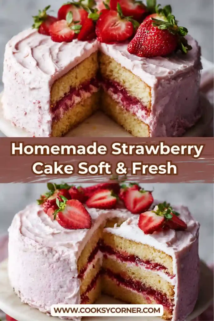 Homemade strawberry cake layered with cream cheese frosting and fresh strawberries on top.