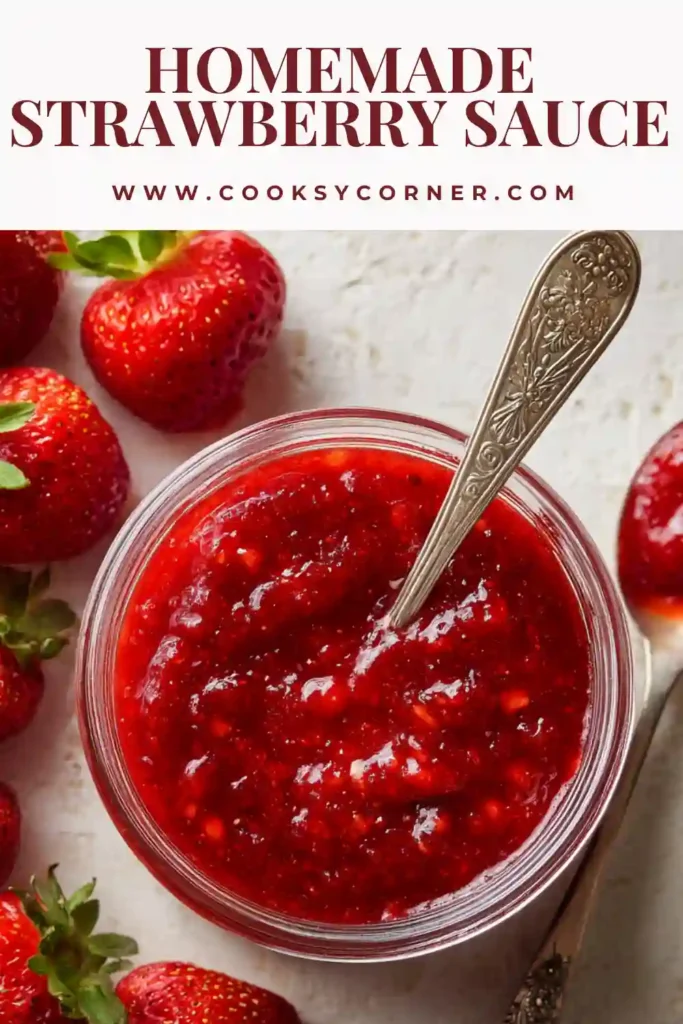 Strawberry topping served over pancakes with syrup-like consistency.