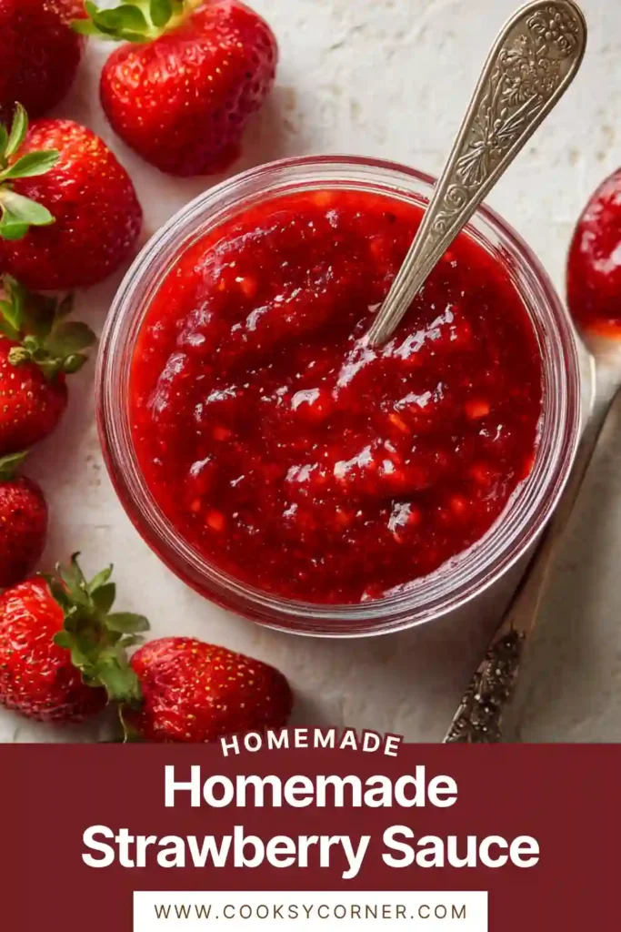 Close-up of fresh strawberry sauce with a glossy texture and vibrant red color.