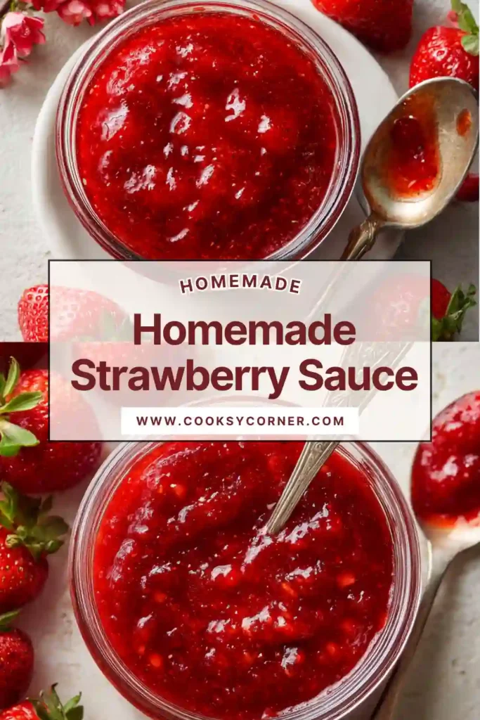 Homemade strawberry sauce in a jar with visible chunks of fresh strawberries.