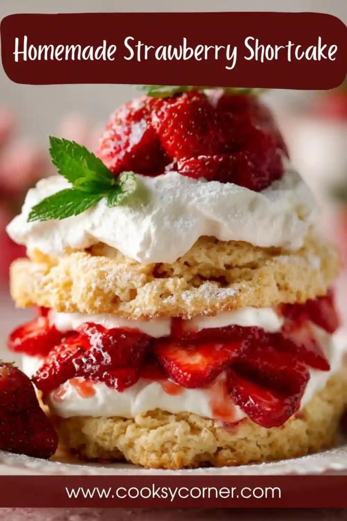Freshly baked strawberry shortcake with homemade biscuits and cream filling. The strawberries glisten with syrup and look juicy and sweet.