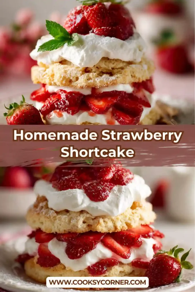 Homemade Strawberry Shortcake served with fresh strawberries and whipped cream on a golden biscuit. The dessert looks soft, fluffy, and rich with natural berry juices.