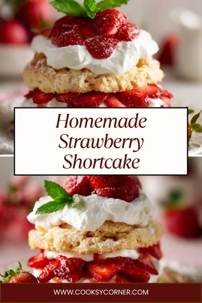 Close-up of strawberry shortcake biscuits layered with whipped cream and juicy strawberries. The texture is light and buttery with vibrant red fruit.