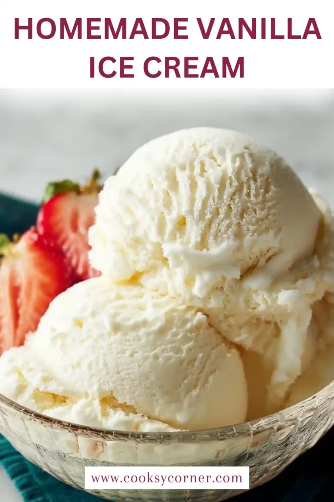 Freshly churned homemade vanilla ice cream with a soft texture and natural vanilla flavor.