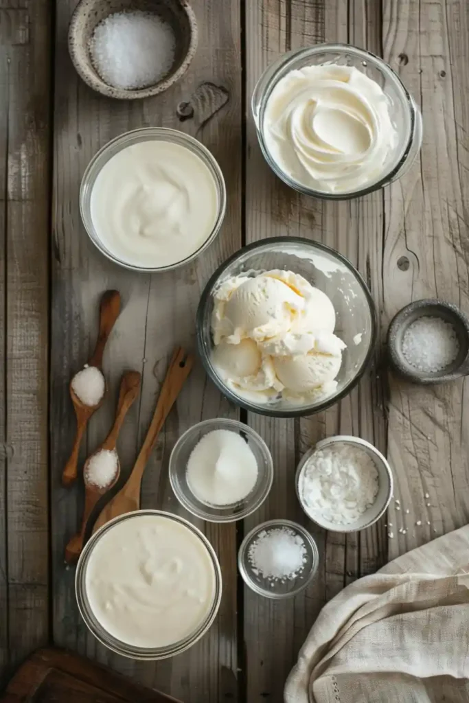 Classic homemade vanilla ice cream scoops in a dish, highlighting its creamy consistency and pale color.
