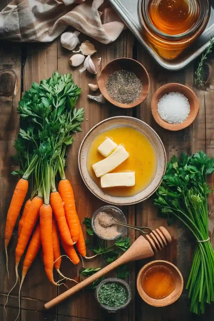 Close-up of tender roasted carrots coated in honey garlic butter sauce.
