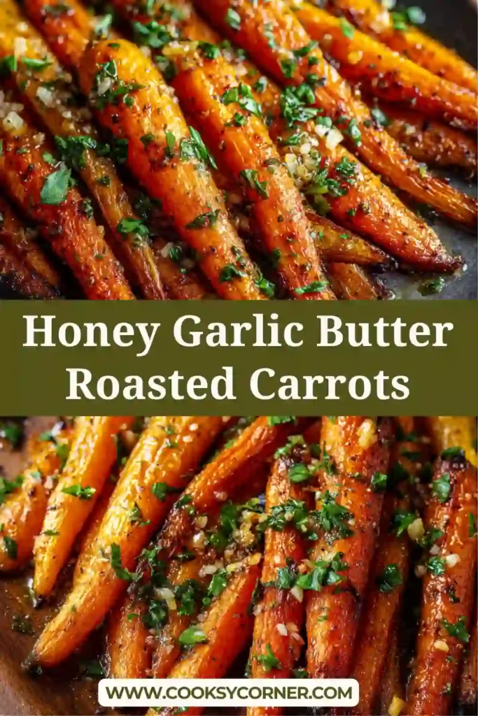 Honey garlic butter roasted carrots caramelized and garnished with fresh parsley.