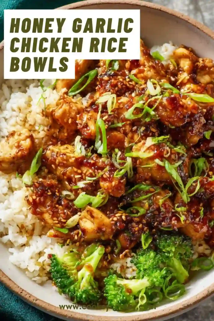 Homemade honey garlic chicken bowl with fresh toppings and rich sauce.