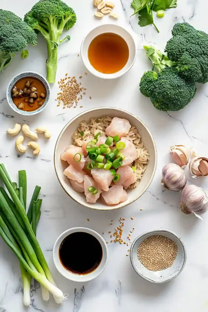 Healthy rice bowl with chicken, broccoli, and savory honey garlic glaze.