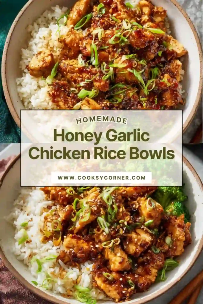 Chicken rice bowl with honey garlic sauce, steamed broccoli, and fluffy rice.